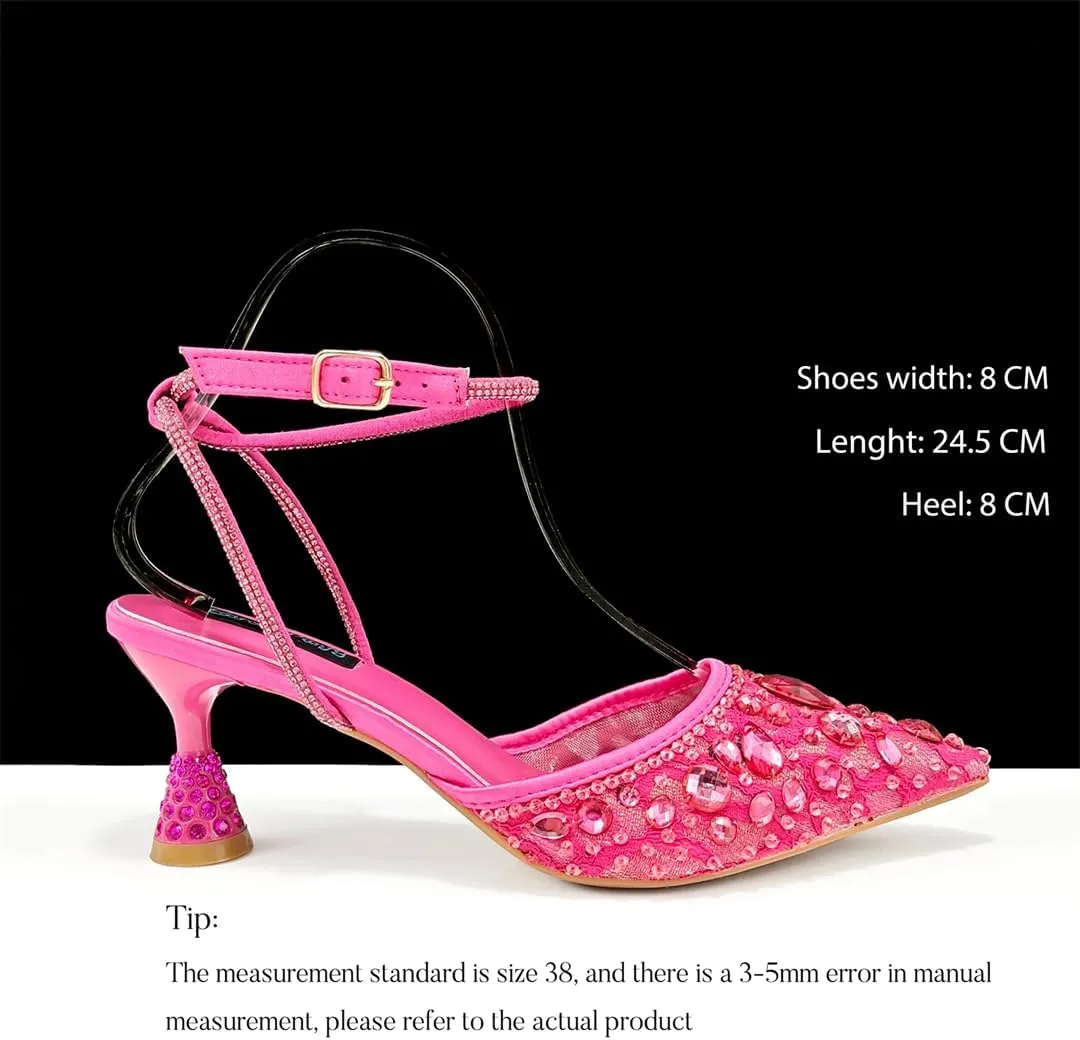 Women’S Shiny Purple Lace Pumps and Elegant Bag Set with Rhinestone Decoration for Party Comfortable Ankle Strap Heels