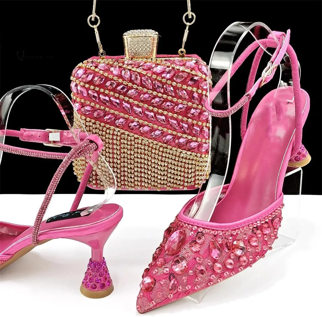 Women’S Shiny Purple Lace Pumps and Elegant Bag Set with Rhinestone Decoration for Party Comfortable Ankle Strap Heels