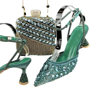 Women’S Shiny Purple Lace Pumps and Elegant Bag Set with Rhinestone Decoration for Party Comfortable Ankle Strap Heels