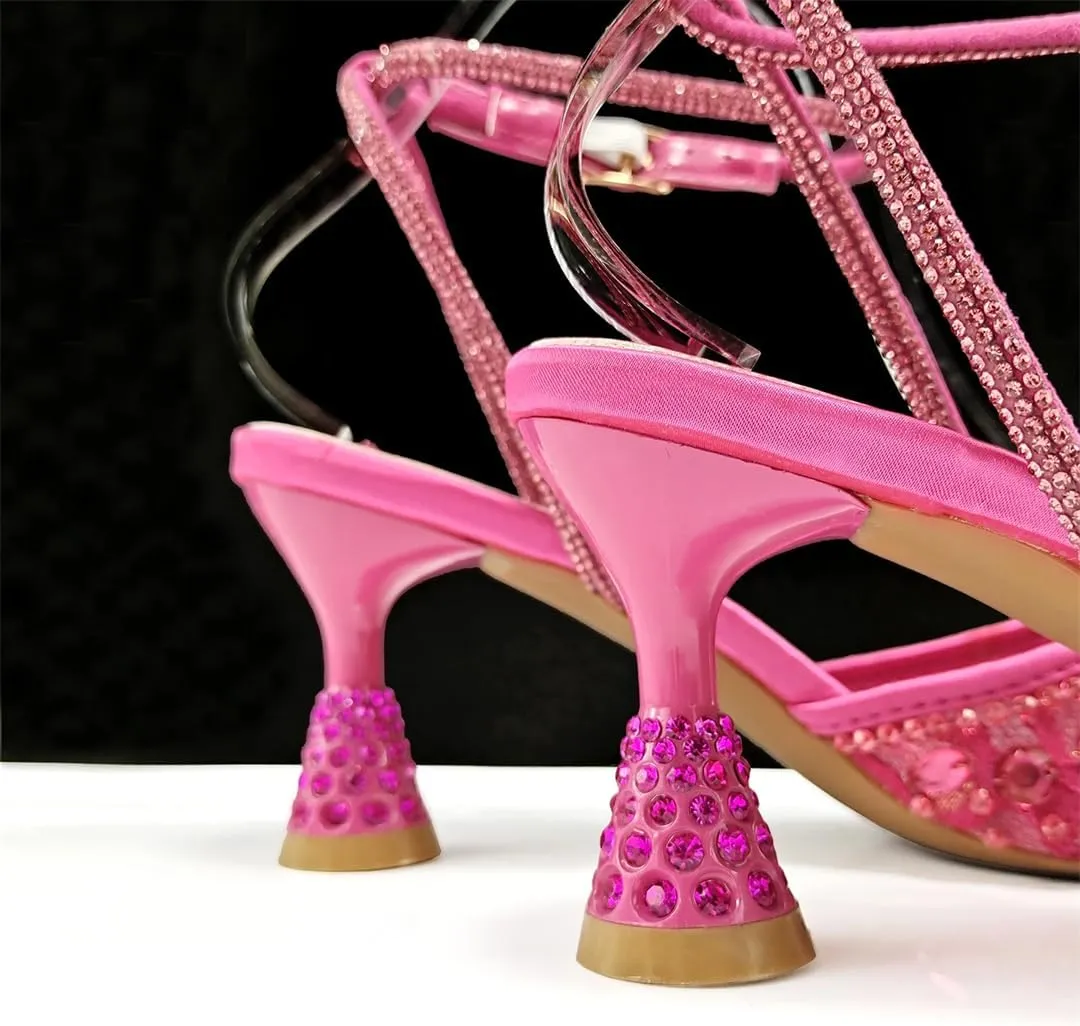 Women’S Shiny Purple Lace Pumps and Elegant Bag Set with Rhinestone Decoration for Party Comfortable Ankle Strap Heels