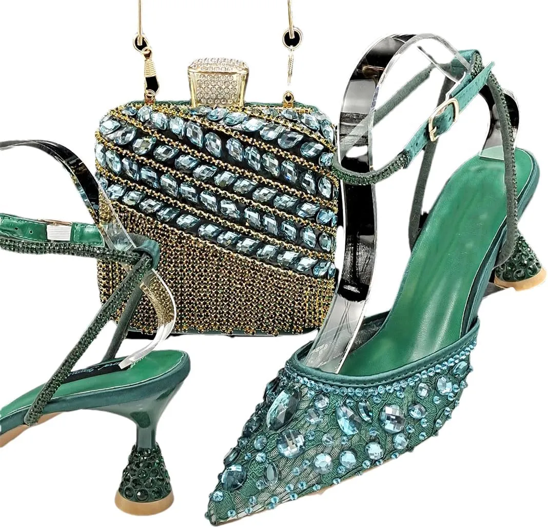 Women’S Shiny Purple Lace Pumps and Elegant Bag Set with Rhinestone Decoration for Party Comfortable Ankle Strap Heels