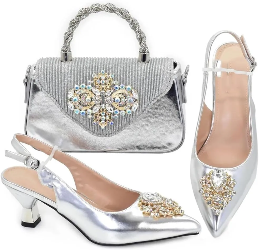 Women’S Silver Italian Shoes and Bag Set for Evening with Thin Heels and Peep Toe