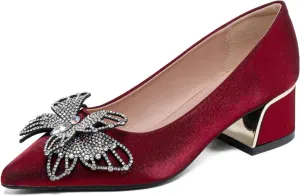 Women's Suede Rhinestone Chunky Low Heel Dress Pumps Shiny Closed Pointed Toe Butterfly Decoration Slip On Non-Slip Wedding High Heel Shoe Business Date Party Formal Shoe