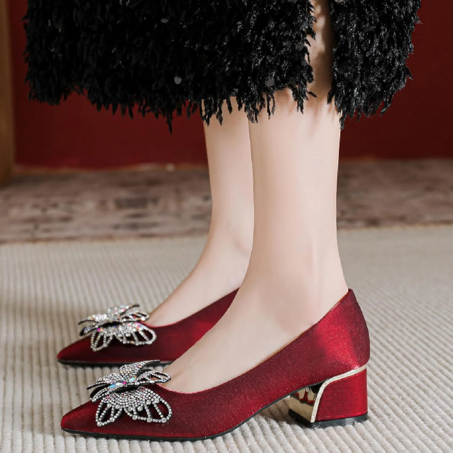 Women's Suede Rhinestone Chunky Low Heel Dress Pumps Shiny Closed Pointed Toe Butterfly Decoration Slip On Non-Slip Wedding High Heel Shoe Business Date Party Formal Shoe