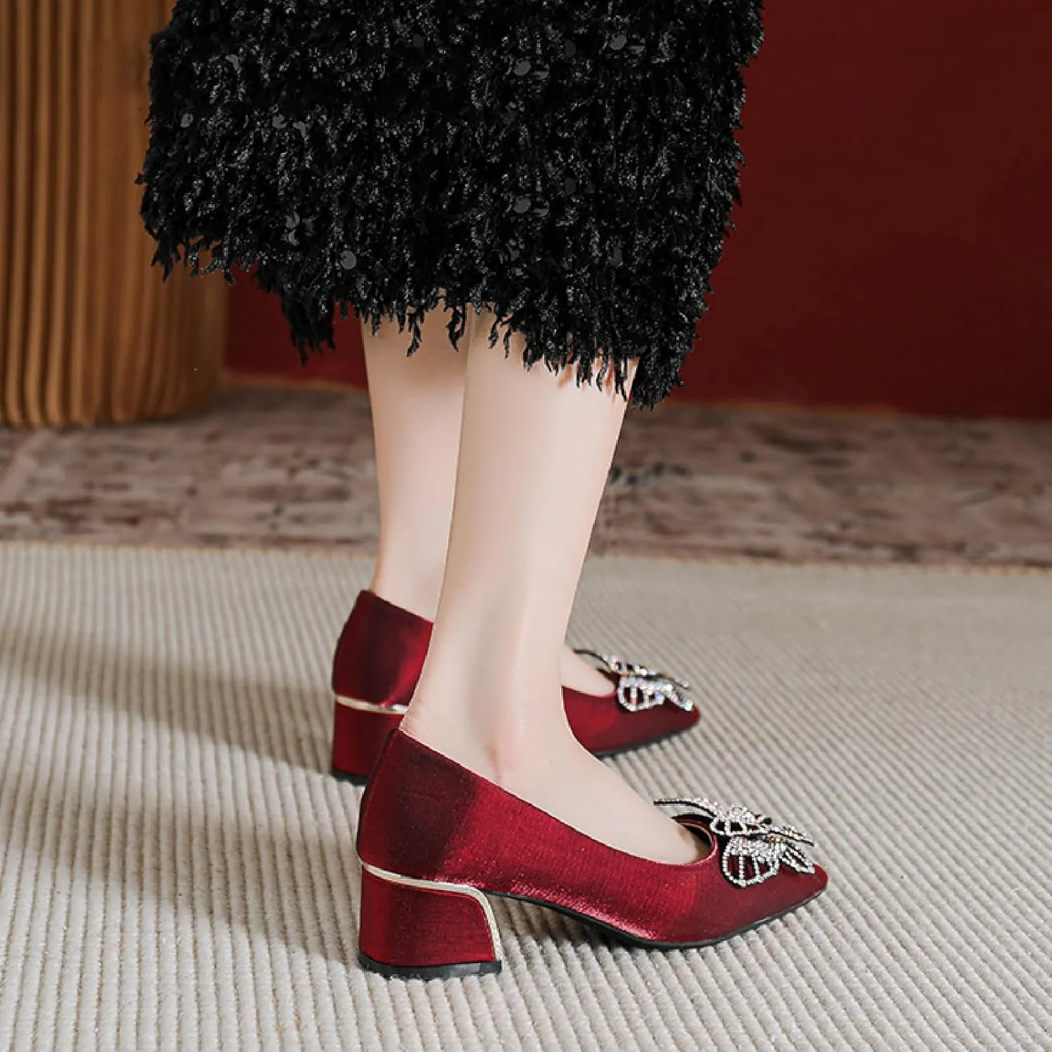 Women's Suede Rhinestone Chunky Low Heel Dress Pumps Shiny Closed Pointed Toe Butterfly Decoration Slip On Non-Slip Wedding High Heel Shoe Business Date Party Formal Shoe