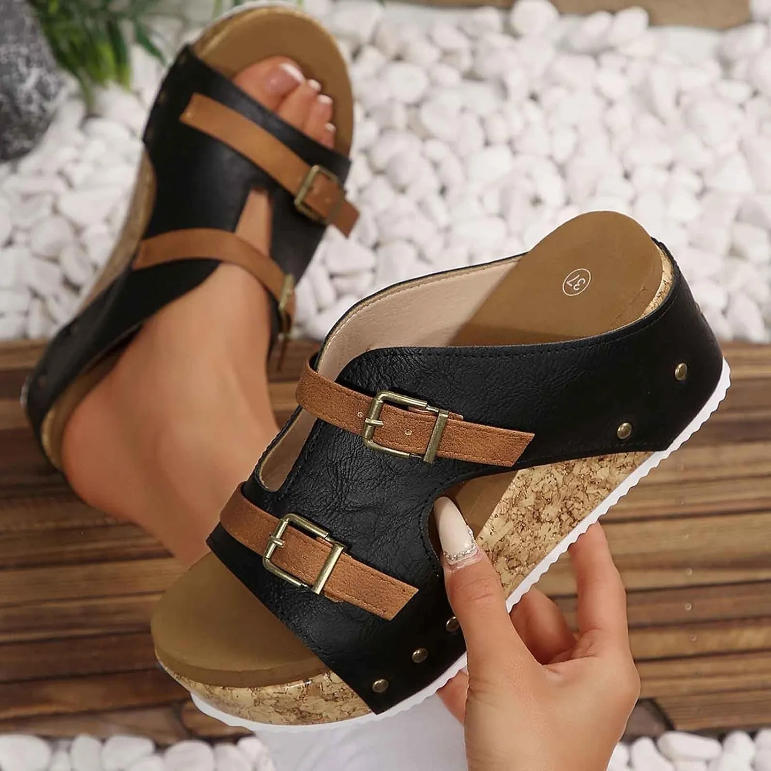 Women's Summer Platform Sandals Slip On Comfortable Wedge Slippers with Buckle Strap Casual Outdoor Beach