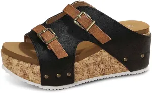 Women's Summer Platform Sandals Slip On Comfortable Wedge Slippers with Buckle Strap Casual Outdoor Beach