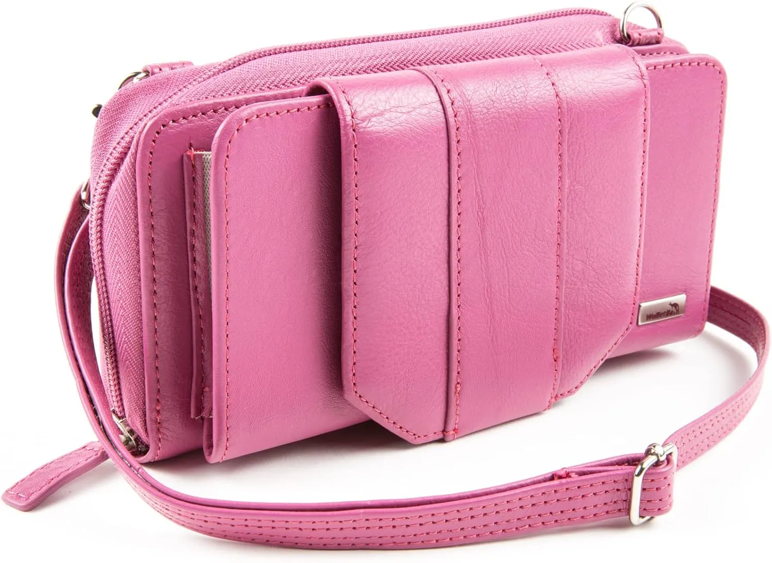 Women's Wallet RFID Cell Phone Purse Leather Crossbody with Accordion Pebbled Pink Rose Grenadine