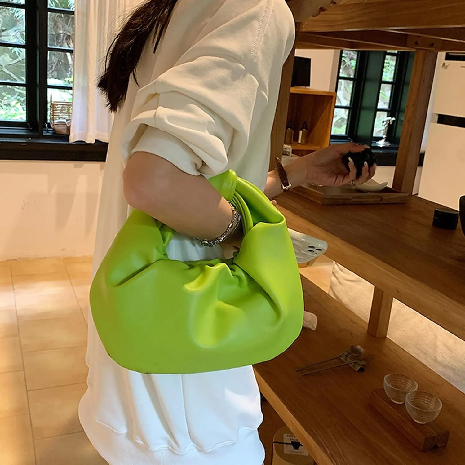 Women's Wrinkled Leather Cloud Shape Knotted Handbag Fashion Y2K Dumpling Underarm Hobo Clutch Purse for Party Shopping (Pink-B)