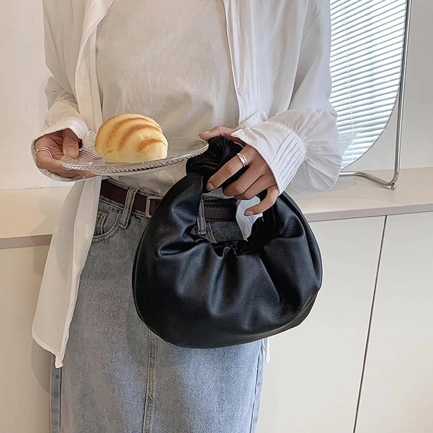 Women's Wrinkled Leather Cloud Shape Knotted Handbag Fashion Y2K Dumpling Underarm Hobo Clutch Purse for Party Shopping (Pink-B)
