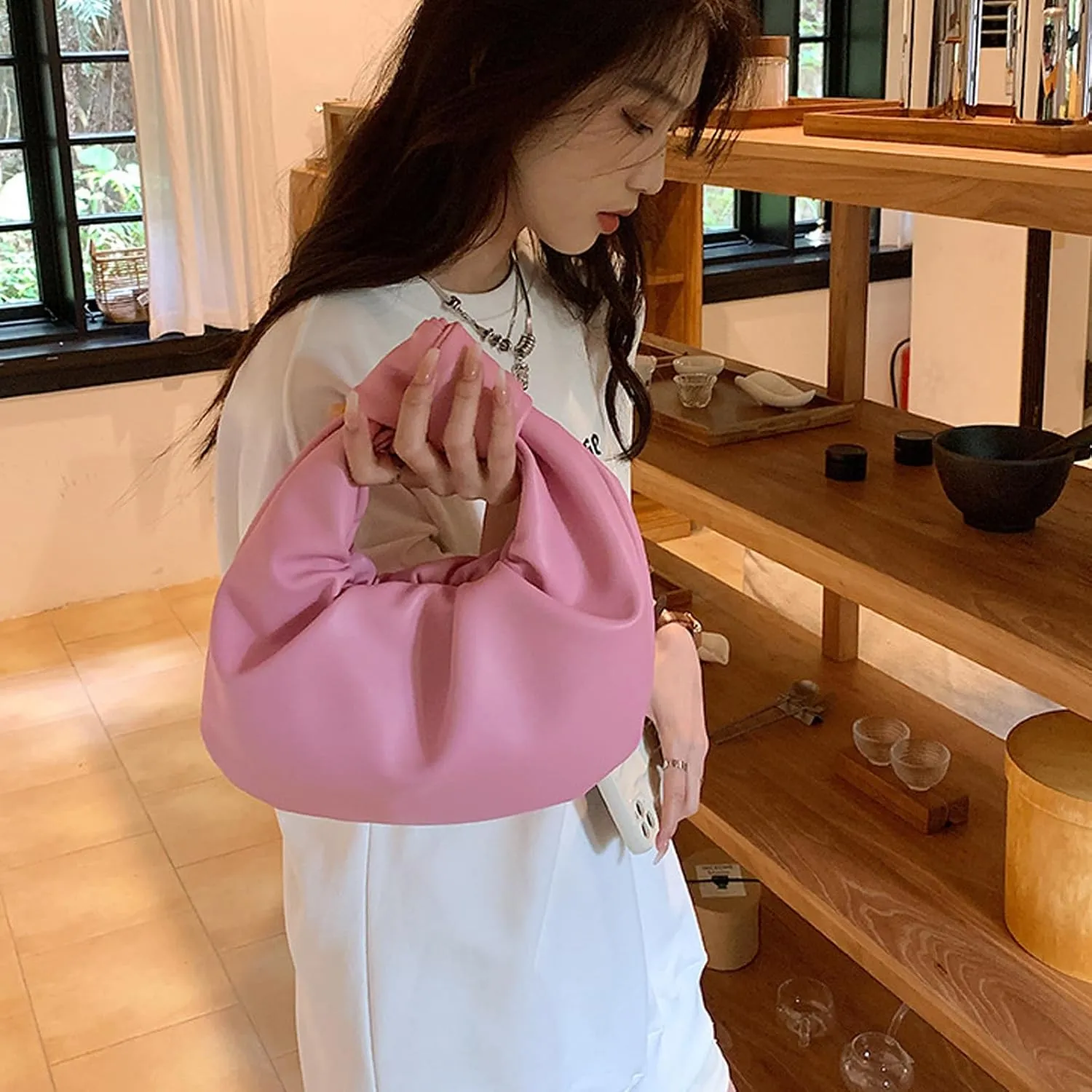 Women's Wrinkled Leather Cloud Shape Knotted Handbag Fashion Y2K Dumpling Underarm Hobo Clutch Purse for Party Shopping (Pink-B)