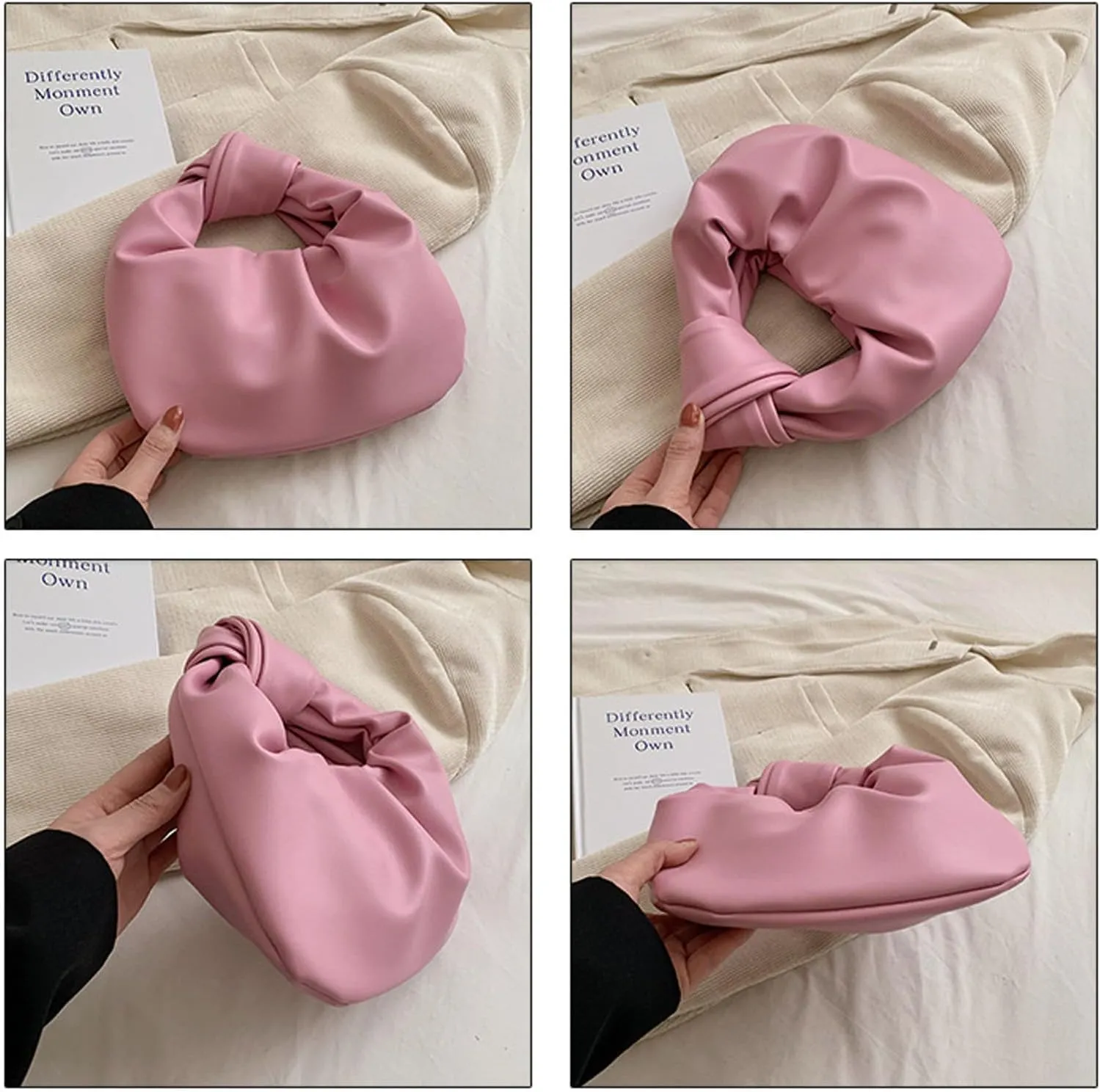 Women's Wrinkled Leather Cloud Shape Knotted Handbag Fashion Y2K Dumpling Underarm Hobo Clutch Purse for Party Shopping (Pink-B)