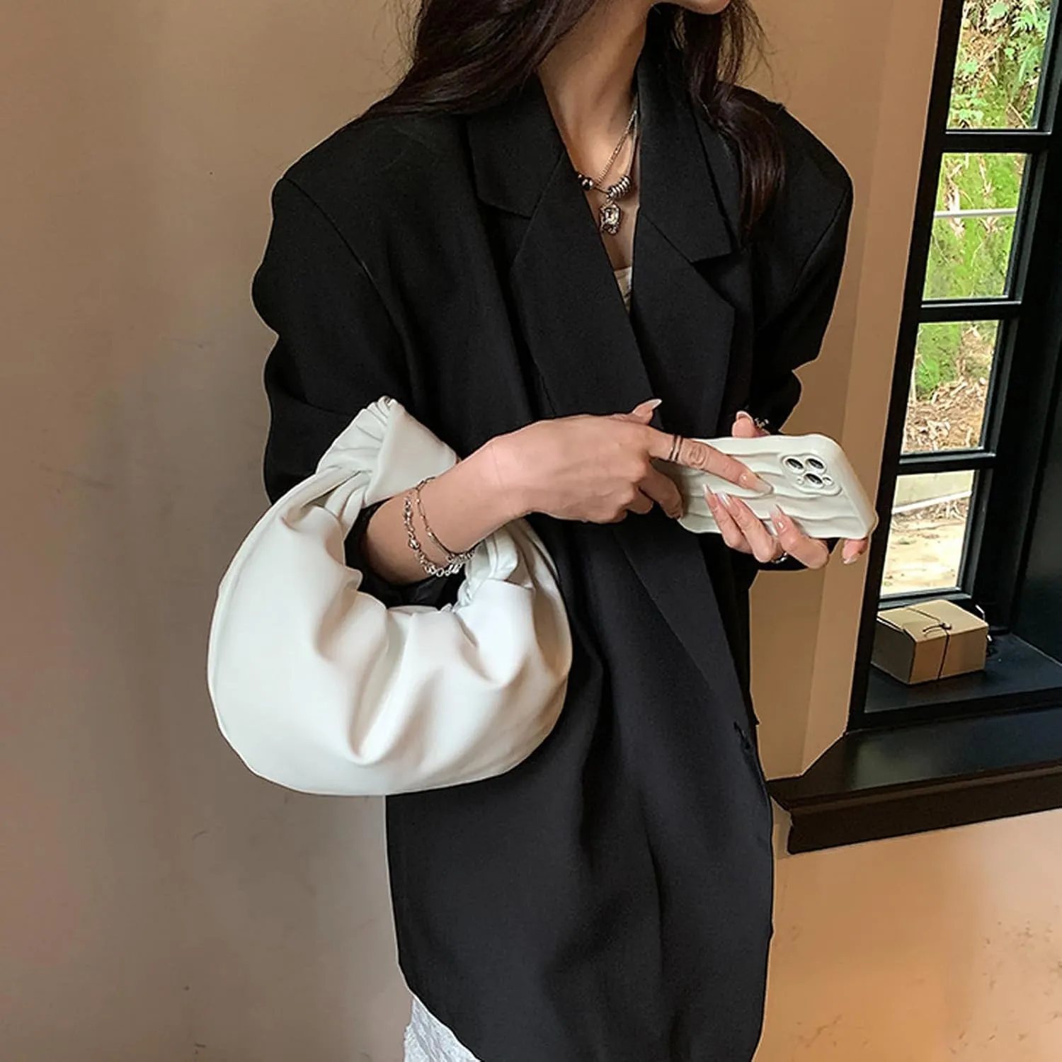 Women's Wrinkled Leather Cloud Shape Knotted Handbag Fashion Y2K Dumpling Underarm Hobo Clutch Purse for Party Shopping (Pink-B)
