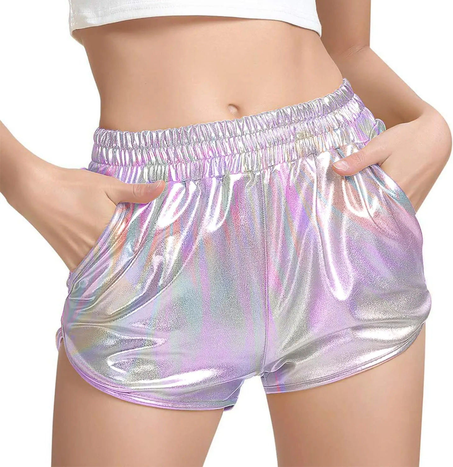 Women's Yoga Hot Shorts Elastic Waist Shiny Metallic Short Pants