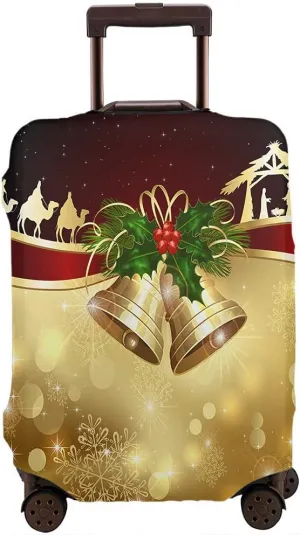 Wondertify Golden Christmas Bells Travel Suitcase Protector Holly Berry Shiny Snowflake Star Washable Elastic Luggage Cover With Concealed Zipper Fits 18-21 Inch Red Gold