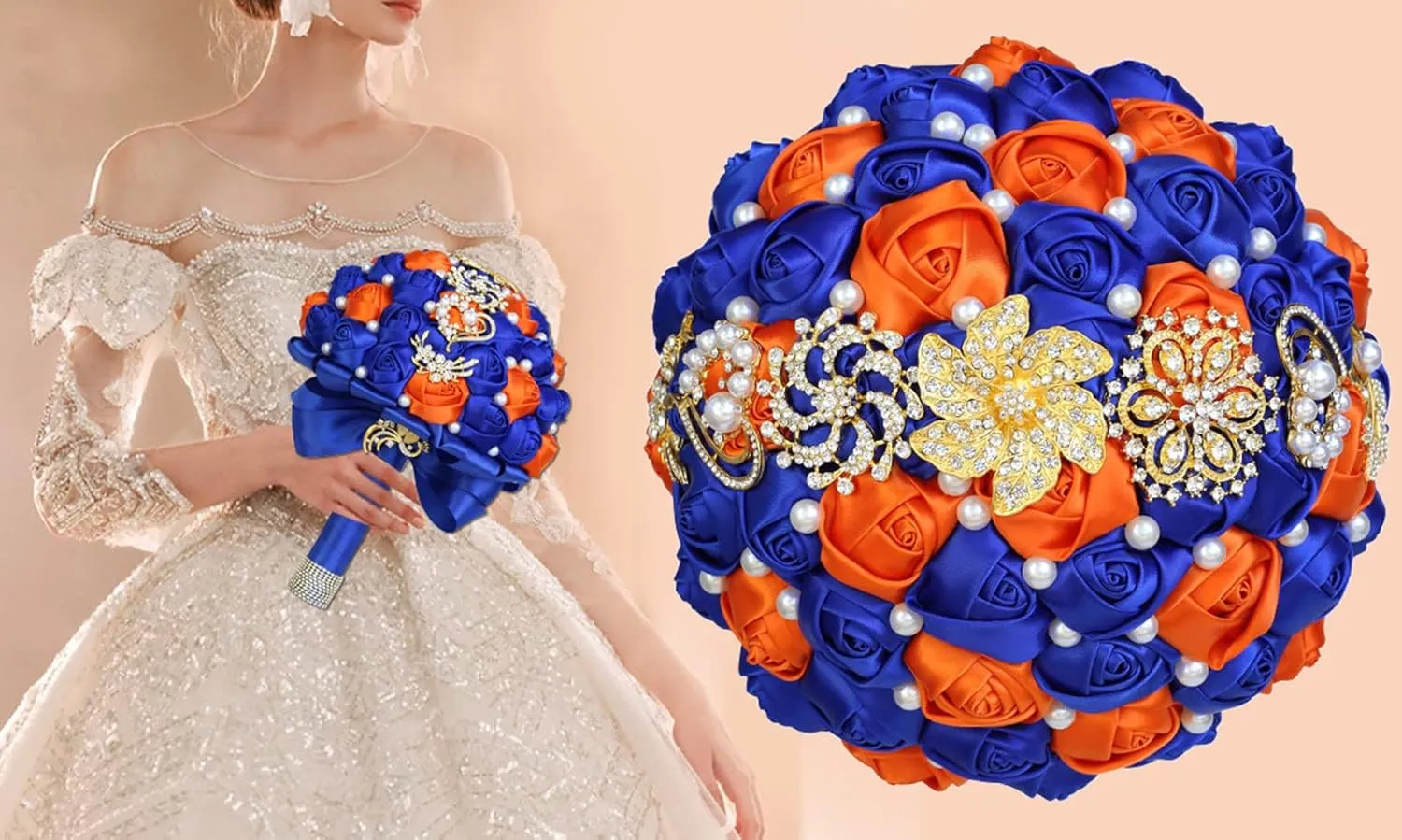 XINNI 8" Luxury Gold Brooch Bridal Wedding Bouquet Bride Bridesmaid Satin Rose Flower Bouquet with Pearls Wedding Navy Blue and Dusty Pink