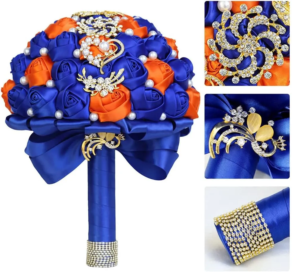 XINNI 8" Luxury Gold Brooch Bridal Wedding Bouquet Bride Bridesmaid Satin Rose Flower Bouquet with Pearls Wedding Navy Blue and Dusty Pink