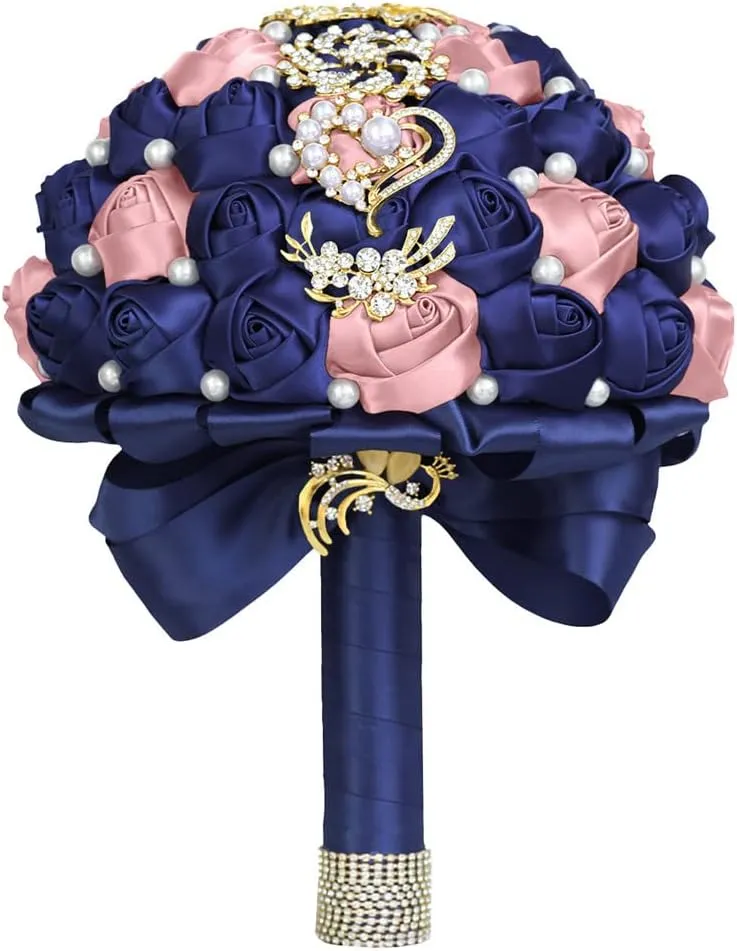 XINNI 8" Luxury Gold Brooch Bridal Wedding Bouquet Bride Bridesmaid Satin Rose Flower Bouquet with Pearls Wedding Navy Blue and Dusty Pink