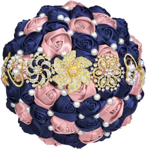 XINNI 8" Luxury Gold Brooch Bridal Wedding Bouquet Bride Bridesmaid Satin Rose Flower Bouquet with Pearls Wedding Navy Blue and Dusty Pink
