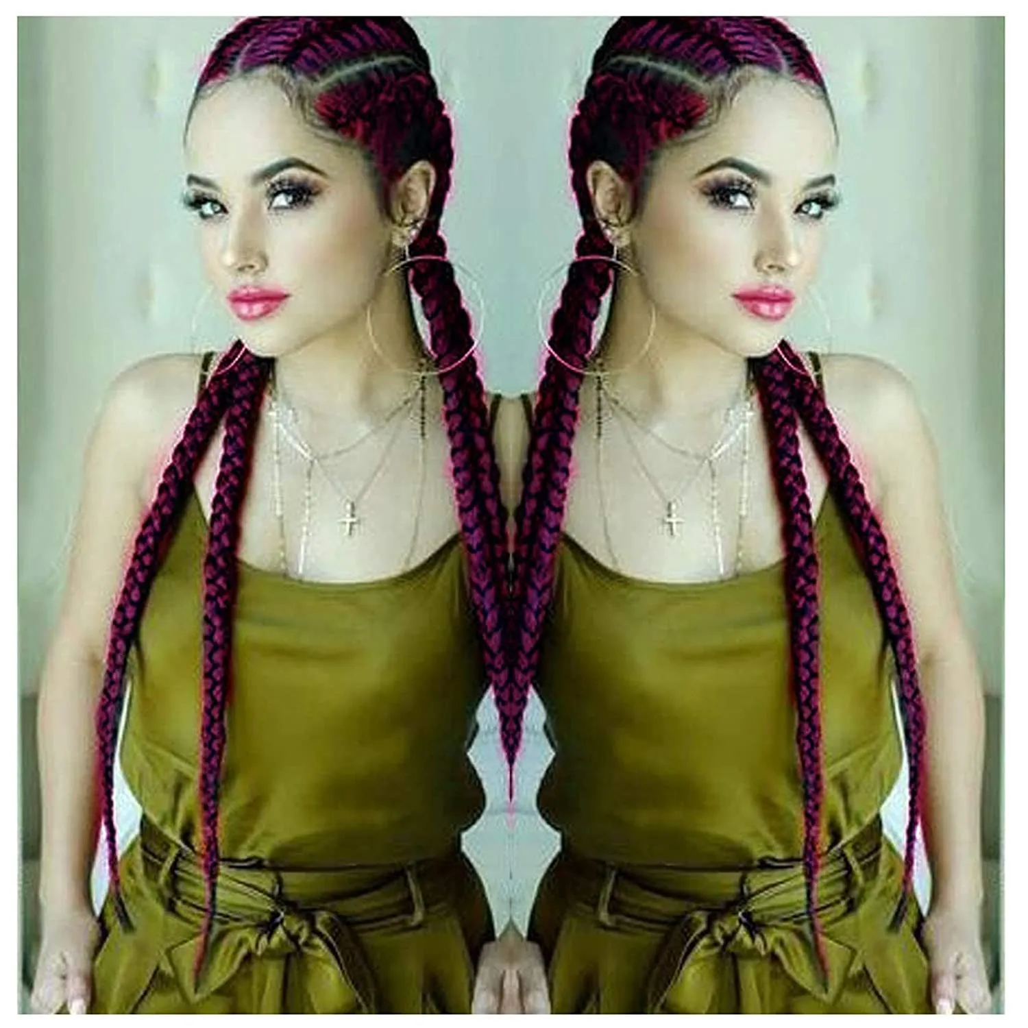 xiweiya Mixed Wine Red 100% Hand Braided Wig With Baby hairs 99J Burgundy Ombre Twist Braids 360 Swiss Lace Front Wig Cooper Red Cornrow Wig Super Long Double Braiding Wigs 36inch