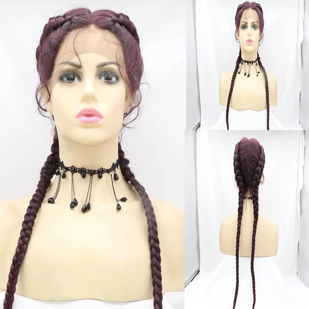 xiweiya Mixed Wine Red 100% Hand Braided Wig With Baby hairs 99J Burgundy Ombre Twist Braids 360 Swiss Lace Front Wig Cooper Red Cornrow Wig Super Long Double Braiding Wigs 36inch
