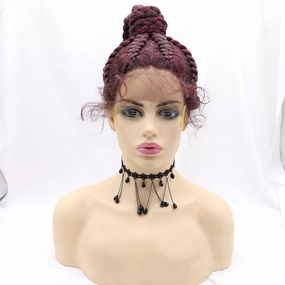 xiweiya Wine Red 8x Twist Braids with Baby Hairs 100% Hand Braided High Ponytail Burgundy Crochet Lace Afro Braid Wig 99J Red Dutch Braided Wig Plait Wig for women…