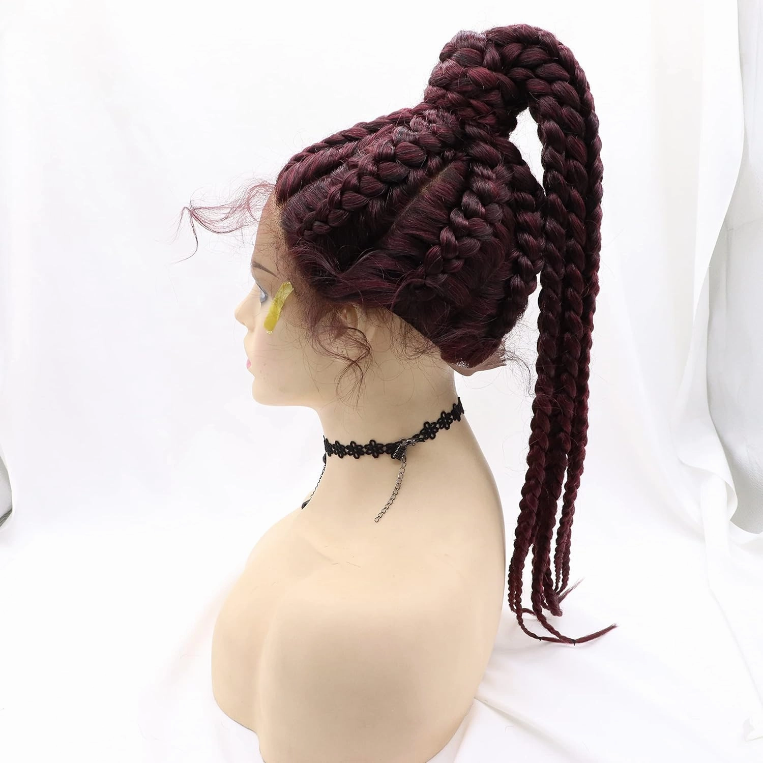 xiweiya Wine Red 8x Twist Braids with Baby Hairs 100% Hand Braided High Ponytail Burgundy Crochet Lace Afro Braid Wig 99J Red Dutch Braided Wig Plait Wig for women…