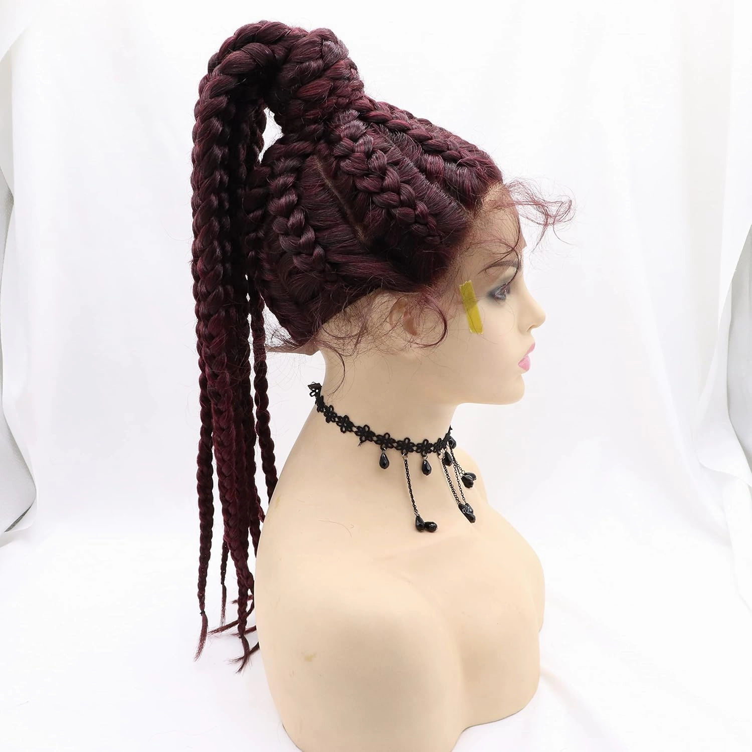 xiweiya Wine Red 8x Twist Braids with Baby Hairs 100% Hand Braided High Ponytail Burgundy Crochet Lace Afro Braid Wig 99J Red Dutch Braided Wig Plait Wig for women…
