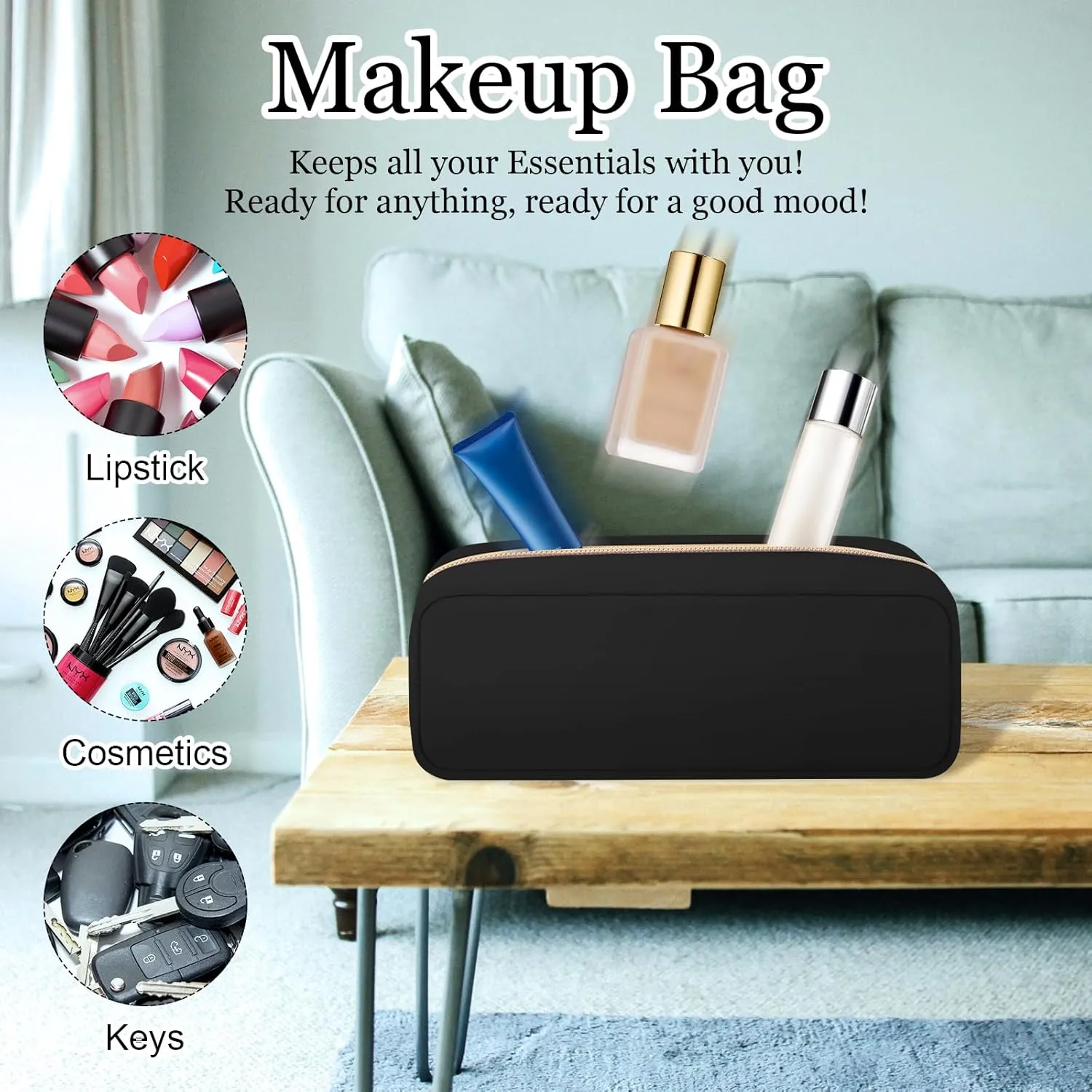 XSUIOY Makeup Bag Travel Bag Pouch for Purse, Cute Preppy Makeup Bag Cosmetic Zipper Pouch Purse Organizer Bag for Women, Waterproof Nylon Coin Pouch Sanitary Napkin Storage Bag for Work(Black-Small)