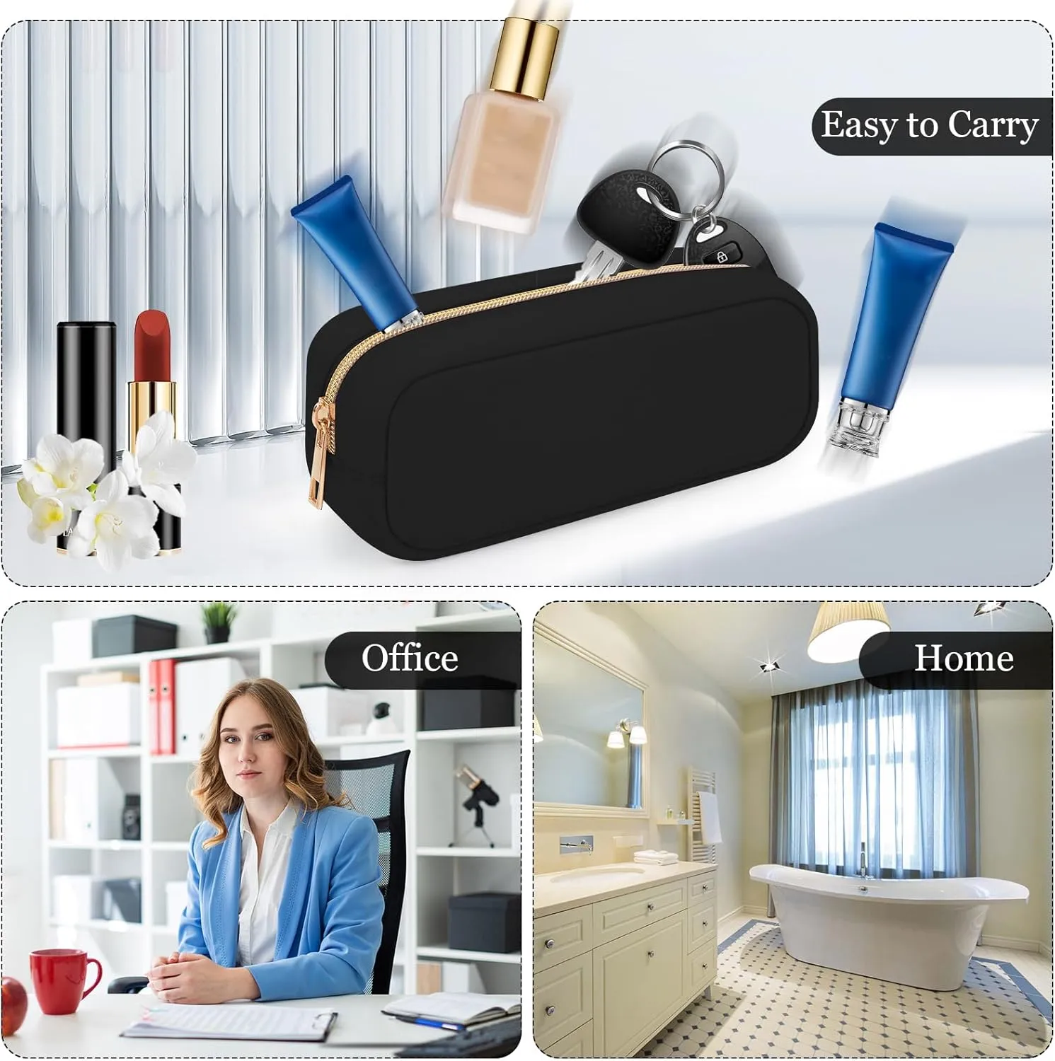 XSUIOY Makeup Bag Travel Bag Pouch for Purse, Cute Preppy Makeup Bag Cosmetic Zipper Pouch Purse Organizer Bag for Women, Waterproof Nylon Coin Pouch Sanitary Napkin Storage Bag for Work(Black-Small)