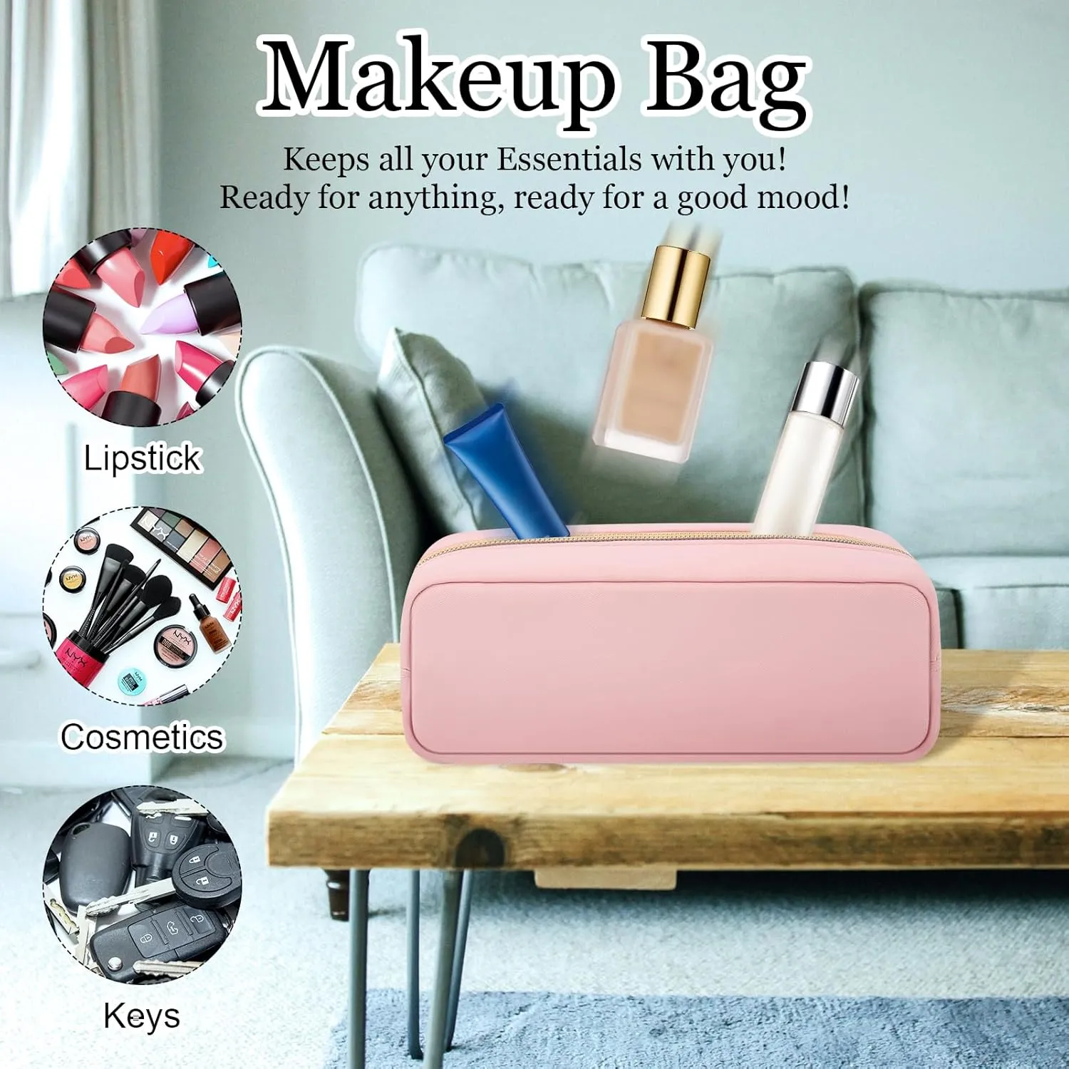 XSUIOY Makeup Bag Travel Bag Pouch for Purse, Cute Preppy Makeup Bag Cosmetic Zipper Pouch Purse Organizer Bag for Women, Waterproof Nylon Coin Pouch Sanitary Napkin Storage Bag for Work(Pink-Small)