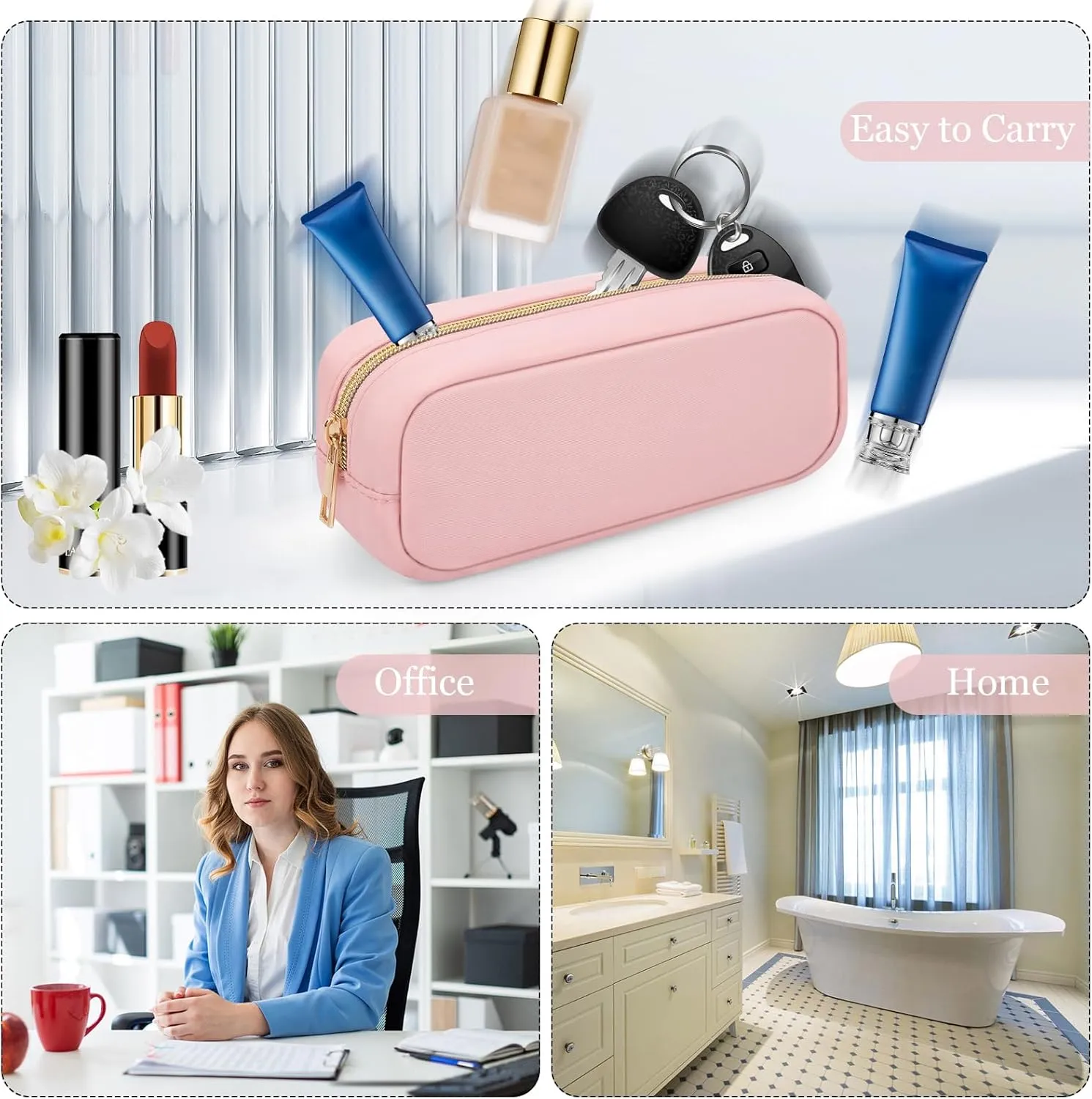 XSUIOY Makeup Bag Travel Bag Pouch for Purse, Cute Preppy Makeup Bag Cosmetic Zipper Pouch Purse Organizer Bag for Women, Waterproof Nylon Coin Pouch Sanitary Napkin Storage Bag for Work(Pink-Small)