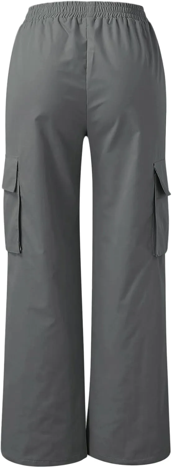 Y2K Cargo Pants for Women Straight Leg Casual Parachute Pants Elastic High Waist Flap Pockets Trousers Streetwear