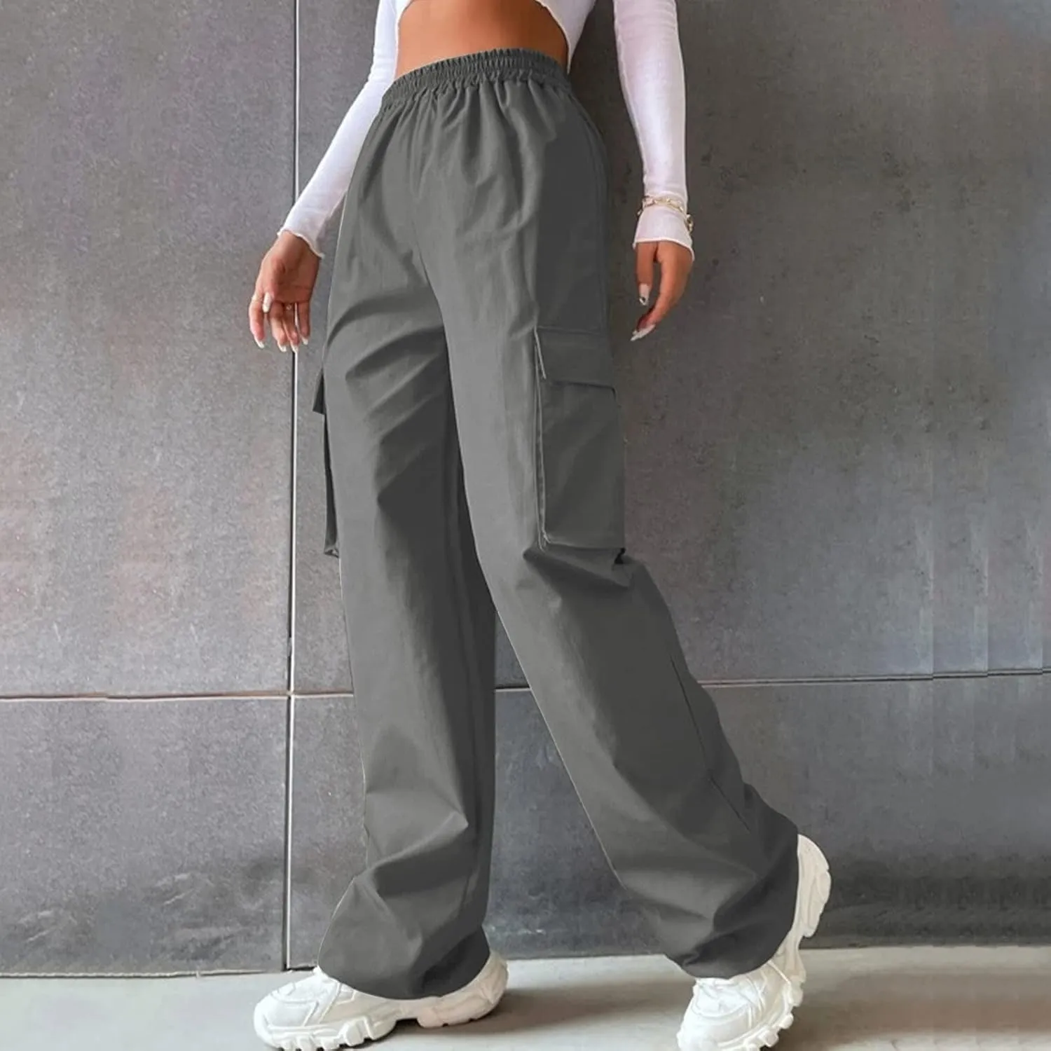 Y2K Cargo Pants for Women Straight Leg Casual Parachute Pants Elastic High Waist Flap Pockets Trousers Streetwear