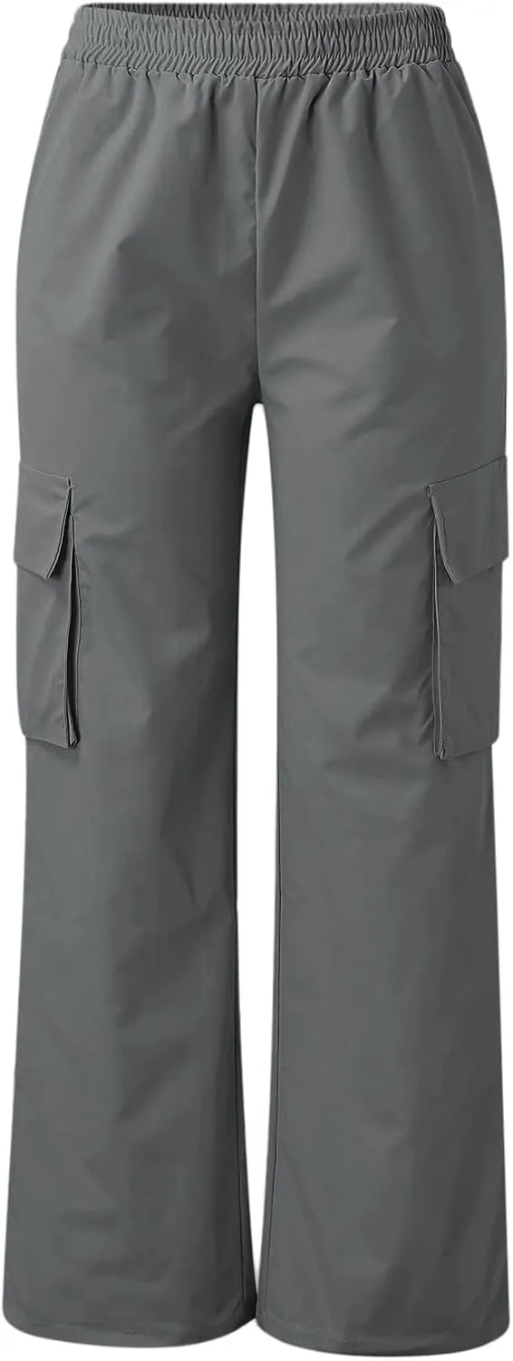 Y2K Cargo Pants for Women Straight Leg Casual Parachute Pants Elastic High Waist Flap Pockets Trousers Streetwear