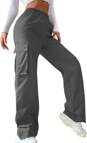 Y2K Cargo Pants for Women Straight Leg Casual Parachute Pants Elastic High Waist Flap Pockets Trousers Streetwear