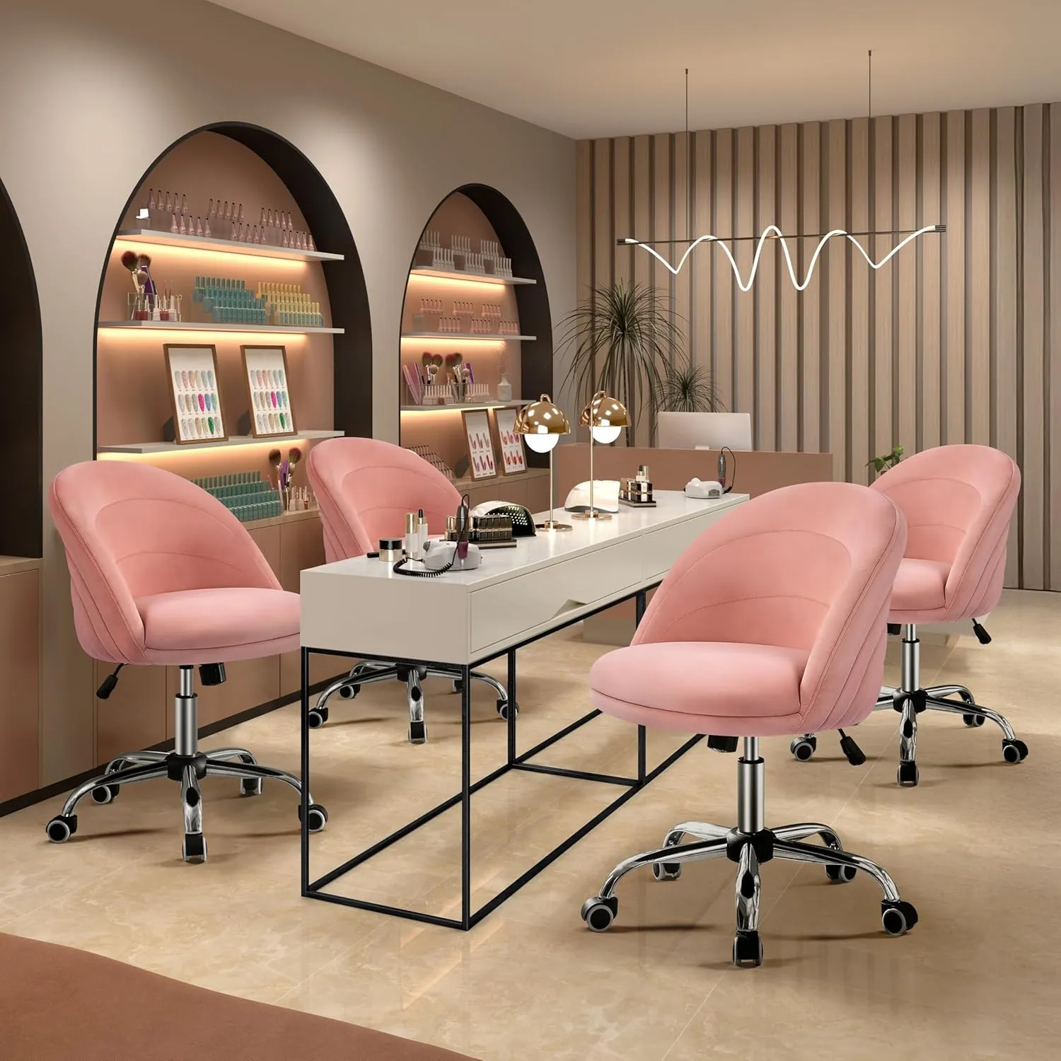 Yaheetech Armless Velvet Cute Desk Office Chair Adjustable Comfy Soft Swivel Vanity Chair with Wheels for Home Office, Living Room Pink