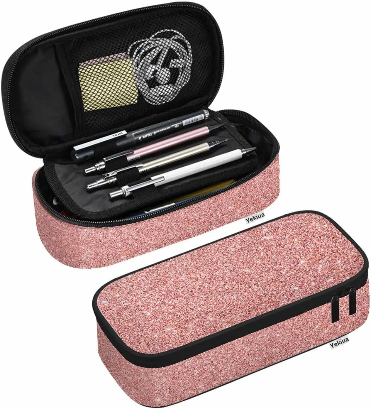 Yekiua Pink Glitter Pencil Holder Shiny Bling Big Capacity Pencil Case Multi-Purpose Makeup Pouch For Office College Adult Rose Gold