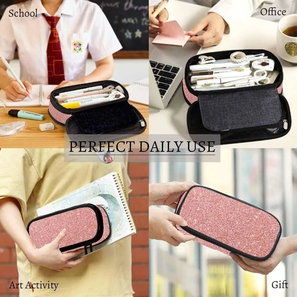 Yekiua Pink Glitter Pencil Holder Shiny Bling Big Capacity Pencil Case Multi-Purpose Makeup Pouch For Office College Adult Rose Gold