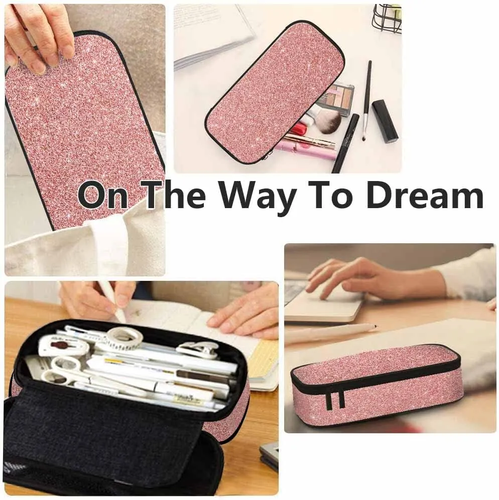 Yekiua Pink Glitter Pencil Holder Shiny Bling Big Capacity Pencil Case Multi-Purpose Makeup Pouch For Office College Adult Rose Gold