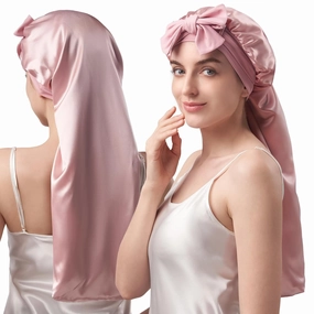 YFONG 22 Momme 100% Mulberry Silk Bonnet for Sleeping Women Long Hair, Double-Layered Silk Hair Bonnet with Elastic Tie Band, Extra Long Sleep Cap for Braids Curly Hair Care, 1Pc, Pink