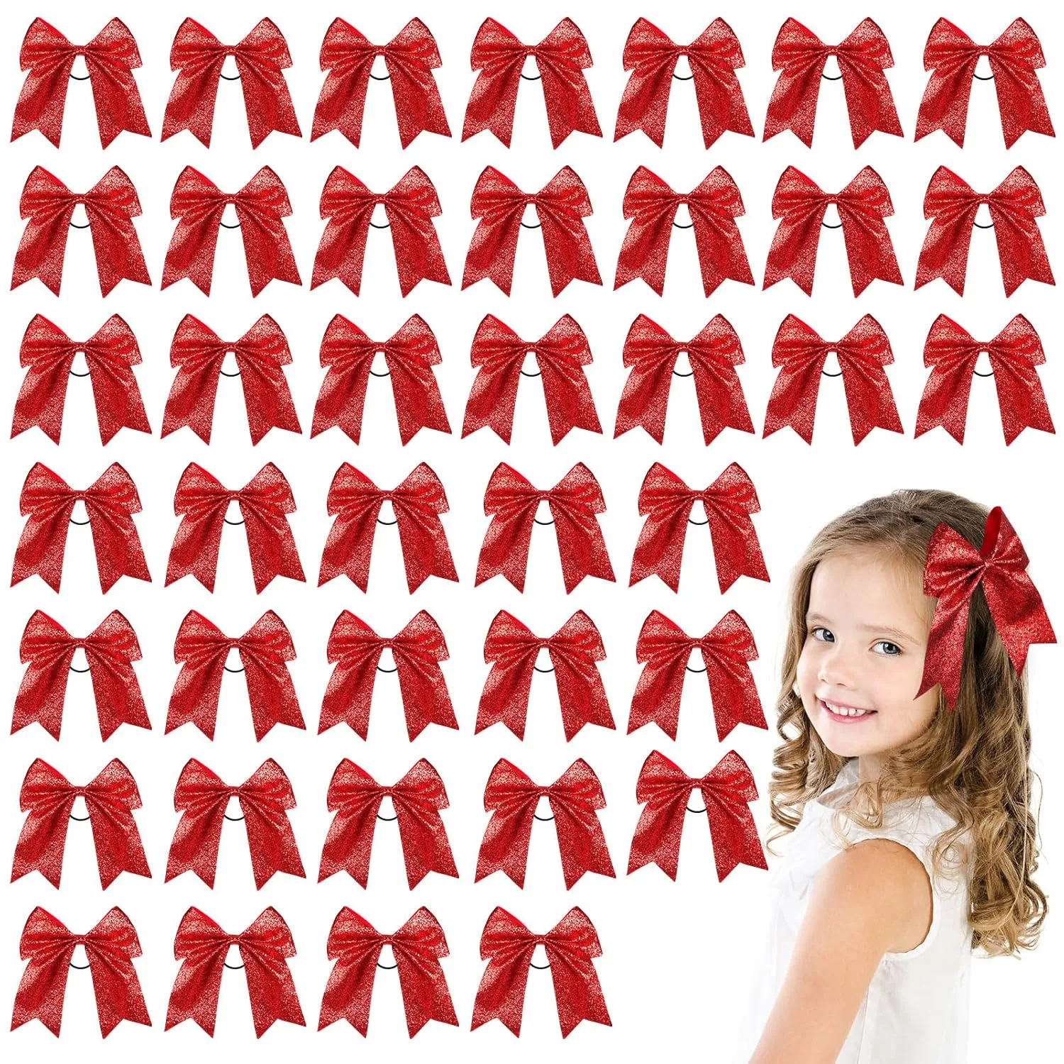 Yunsailing 40 Pcs 8 Inch Large Glitter Cheer Hair Bows Bulk, Shiny Cheerleading Bows Ponytail Holder for Cheerleader Girls Softball Sports and Christmas Tree Decor(Red)