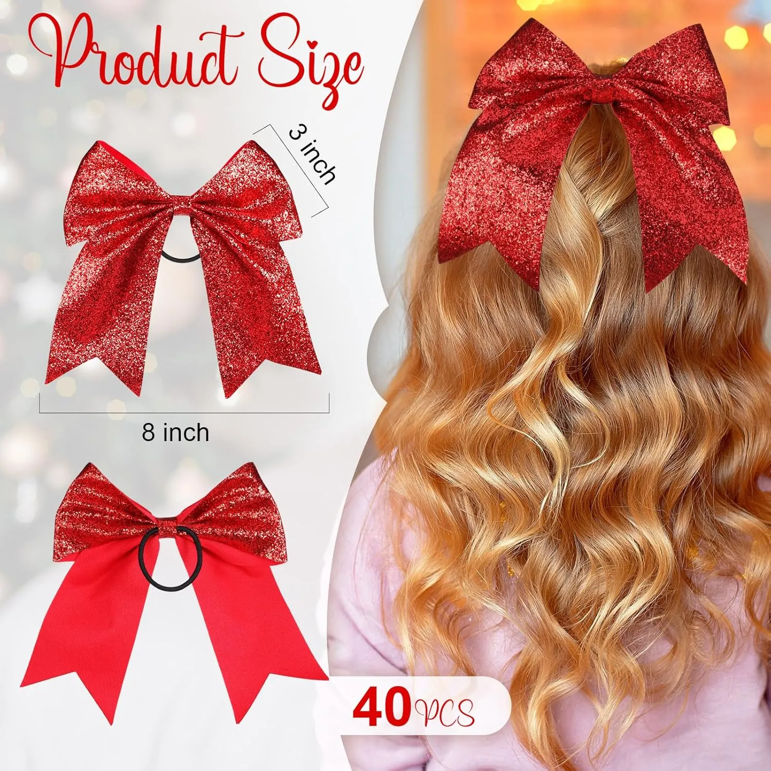 Yunsailing 40 Pcs 8 Inch Large Glitter Cheer Hair Bows Bulk, Shiny Cheerleading Bows Ponytail Holder for Cheerleader Girls Softball Sports and Christmas Tree Decor(Red)
