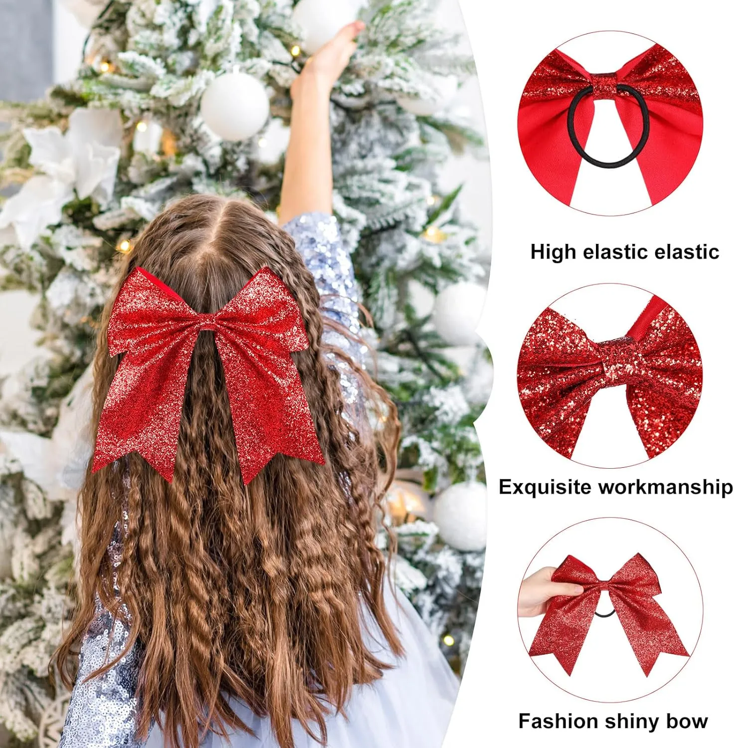 Yunsailing 40 Pcs 8 Inch Large Glitter Cheer Hair Bows Bulk, Shiny Cheerleading Bows Ponytail Holder for Cheerleader Girls Softball Sports and Christmas Tree Decor(Red)