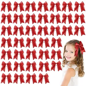 Yunsailing 40 Pcs 8 Inch Large Glitter Cheer Hair Bows Bulk, Shiny Cheerleading Bows Ponytail Holder for Cheerleader Girls Softball Sports and Christmas Tree Decor(Red)