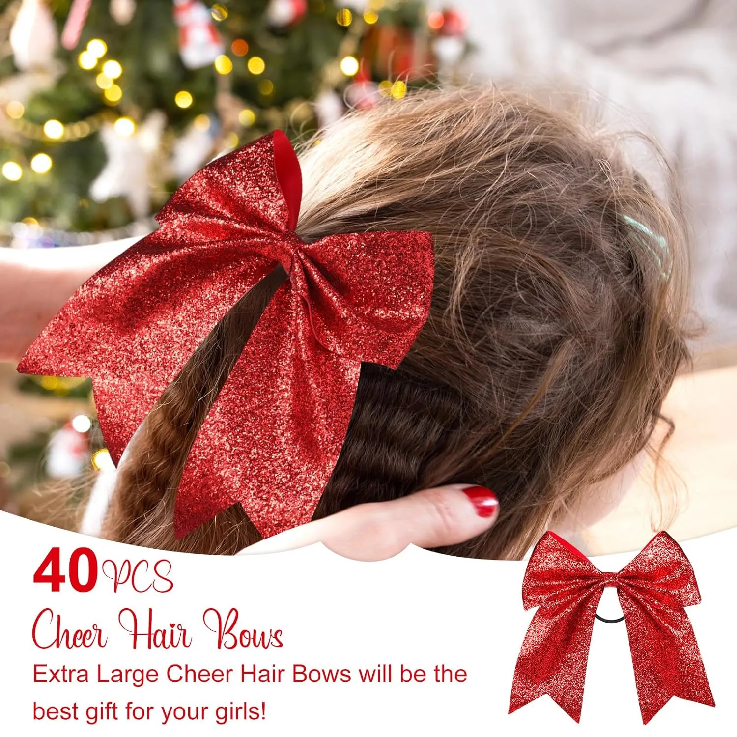 Yunsailing 40 Pcs 8 Inch Large Glitter Cheer Hair Bows Bulk, Shiny Cheerleading Bows Ponytail Holder for Cheerleader Girls Softball Sports and Christmas Tree Decor(Red)
