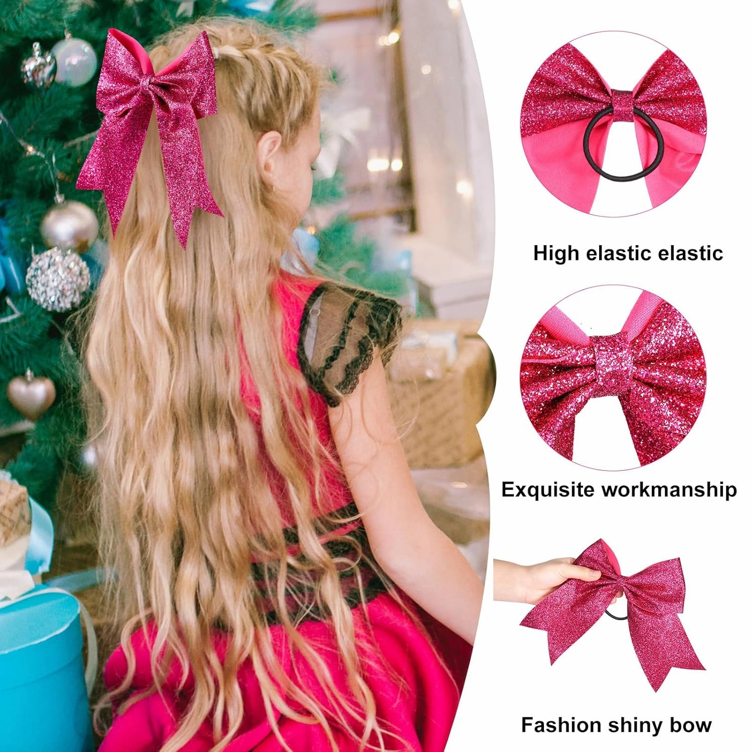 Yunsailing 40 Pcs 8 Inch Large Glitter Cheer Hair Bows Bulk, Shiny Cheerleading Bows Ponytail Holder for Cheerleader Girls Softball Sports and Christmas Tree Decor(Rose Red)