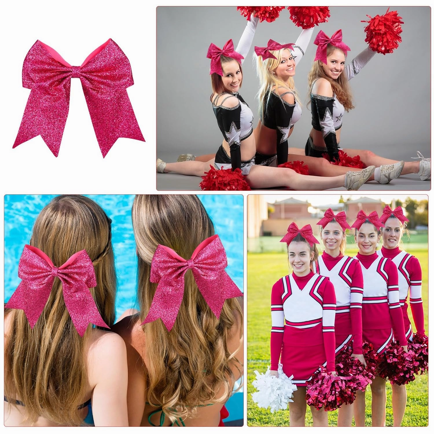 Yunsailing 40 Pcs 8 Inch Large Glitter Cheer Hair Bows Bulk, Shiny Cheerleading Bows Ponytail Holder for Cheerleader Girls Softball Sports and Christmas Tree Decor(Rose Red)