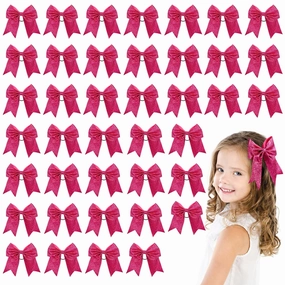 Yunsailing 40 Pcs 8 Inch Large Glitter Cheer Hair Bows Bulk, Shiny Cheerleading Bows Ponytail Holder for Cheerleader Girls Softball Sports and Christmas Tree Decor(Rose Red)