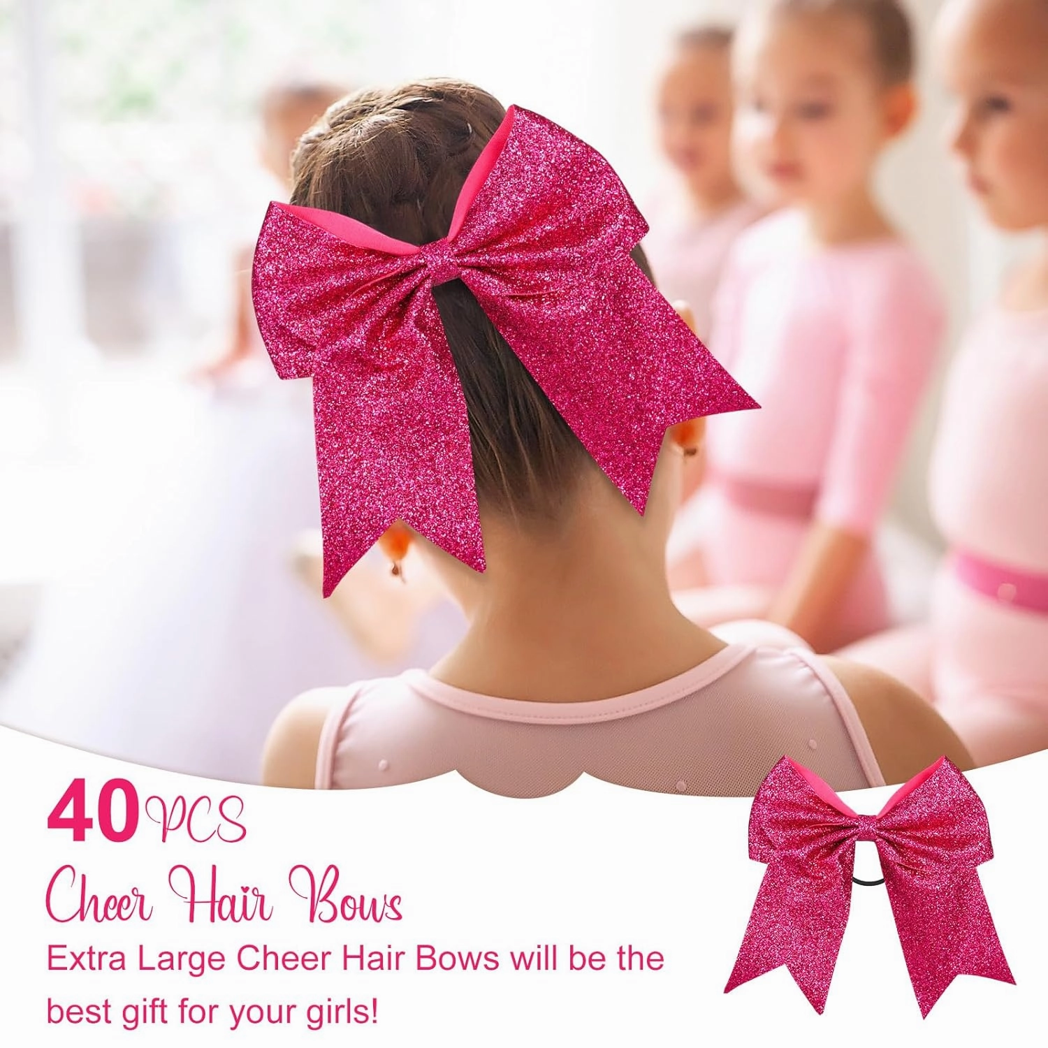Yunsailing 40 Pcs 8 Inch Large Glitter Cheer Hair Bows Bulk, Shiny Cheerleading Bows Ponytail Holder for Cheerleader Girls Softball Sports and Christmas Tree Decor(Rose Red)